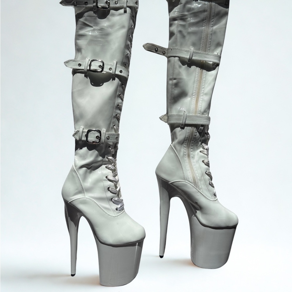 Pleaser Thigh-high Buckle Dancer Exotic Shoes Women's White High Heel Boots